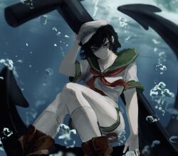 Rule 34 | 1girl, anchor, anchor symbol, black hair, boots, breasts, brown footwear, bubble, closed mouth, colored skin, commentary request, feet out of frame, green eyes, hand up, hat, hishaku, howah18, looking at viewer, murasa minamitsu, neckerchief, red neckerchief, sailor collar, sailor hat, sailor shirt, shirt, short hair, short sleeves, shorts, small breasts, smile, solo, touhou, underwater, water, white hat, white shirt, white shorts, white skin