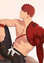 Rule 34 | 1boy, abs, absurdres, bara, bare pectorals, black pants, fate/grand order, fate (series), from side, highres, igote, knee up, large pectorals, looking at viewer, male focus, mikicat, muscular, muscular male, nipples, pants, pectorals, red hair, senji muramasa (fate), short hair, single bare shoulder, solo, spread legs, stomach, yellow eyes