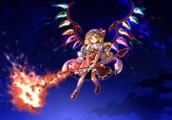 Rule 34 | 1girl, ascot, aura, cloud, commentary request, crystal, fire, flaming sword, flaming weapon, flandre scarlet, flying, frilled skirt, frills, hat, hat ribbon, kneehighs, laevatein, looking at viewer, mary janes, mob cap, night, night sky, outdoors, pink shirt, red eyes, red footwear, red skirt, red vest, ribbon, shirt, shoes, short sleeves, shundou heishirou, side ponytail, skirt, sky, smile, socks, solo, star (sky), starry sky, touhou, vest, white socks, wings, yellow ascot