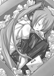 Rule 34 | 1girl, box, detached sleeves, eeeeee, greyscale, hatsune miku, headphones, highres, in box, in container, long hair, monochrome, sleeping, solo, thighhighs, twintails, very long hair, vocaloid