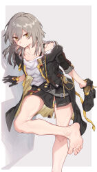 Rule 34 | 1girl, absurdres, bare legs, barefoot, batatata77, belt, black footwear, black gloves, black skirt, breasts, closed mouth, coat, collarbone, commentary, feet, foot focus, foot out of frame, gloves, gold trim, grey background, grey belt, grey hair, hair between eyes, highres, holding, honkai: star rail, honkai (series), long hair, looking at viewer, medium breasts, miniskirt, off shoulder, open clothes, open coat, shadow, shirt, shoes, skirt, sleeve rolled up, soles, solo, stelle (honkai: star rail), thigh strap, toes, trailblazer (honkai: star rail), unworn shoes, white shirt, yellow eyes