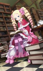 Rule 34 | 1girl, beatrice (re:zero), blonde hair, blue eyes, book, book on lap, bow, butterfly-shaped pupils, capelet, checkered floor, closed mouth, crown, dress, drill hair, dutch angle, floating hair, fur-trimmed capelet, fur trim, gradient hair, hair bow, heart, heart-shaped pupils, high heels, highres, library, long hair, long sleeves, looking down, mini crown, multicolored hair, neck ribbon, official art, open book, pantyhose, parted bangs, pink bow, pink footwear, pink hair, pink ribbon, pumps, re:zero kara hajimeru isekai seikatsu, reading, red capelet, red dress, ribbon, sitting, solo, striped bow, striped clothes, striped pantyhose, symbol-shaped pupils, twin drills, twintails, very long hair