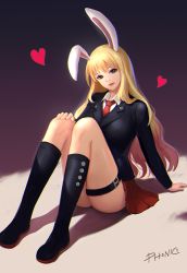 Rule 34 | 00s, 1girl, animal ears, arm support, artist name, bad id, bad pixiv id, belt, black footwear, blazer, blonde hair, boots, brown eyes, collared shirt, dungeon and fighter, fake animal ears, female focus, gradient background, hand on own knee, heart, jacket, knee boots, long hair, long sleeves, looking at viewer, necktie, original, phonic, pleated skirt, rabbit ears, red eyes, red necktie, red skirt, shirt, silhouette, sitting, skirt, solo, thigh strap, very long hair, wing collar