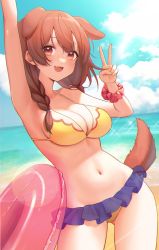 Rule 34 | 1girl, :d, animal ears, arm up, armpits, beach, bikini, bikini skirt, blue sky, braid, breasts, brown eyes, brown hair, cleavage, cloud, commentary request, cowboy shot, dog ears, dog girl, dog tail, extra ears, hand up, highres, hololive, hololive gamers, innertube, inugami korone, large breasts, long hair, looking at viewer, navel, oni0417, open mouth, outdoors, scrunchie, sky, smile, solo, standing, stomach, swim ring, swimsuit, tail, twin braids, v, virtual youtuber, wrist scrunchie, yellow bikini