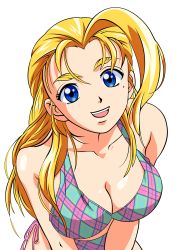Rule 34 | 10s, 1girl, absurdres, bare shoulders, bikini, blonde hair, blue eyes, breasts, cleavage, eyebrows, furinji miu, highres, large breasts, long hair, looking at viewer, mole, mole under eye, open mouth, shijou saikyou no deshi ken&#039;ichi, smile, solo, swimsuit, thick eyebrows, vector trace