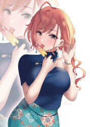 Rule 34 | 1girl, absurdres, ahoge, arisugawa natsuha, asymmetrical clothes, blush, bracelet, breasts, earrings, highres, idolmaster, idolmaster shiny colors, jewelry, kevn, large breasts, licking, looking at viewer, orange hair, patterned clothing, saliva, stud earrings, tongue, tongue out, zoom layer