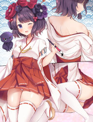 Rule 34 | 1girl, ;d, alternate costume, bare shoulders, blush, calligraphy brush, commentary request, detached sleeves, fate/grand order, fate (series), flower, hair flower, hair ornament, hair stick, hakama, hakama short skirt, hakama skirt, highres, japanese clothes, katsushika hokusai (fate), looking at viewer, masayo (gin no ame), miko, multiple views, octopus, off shoulder, one eye closed, open mouth, paintbrush, panties, pantyshot, pink panties, red hakama, ribbon-trimmed legwear, ribbon trim, short hair, skirt, smile, thighhighs, underwear, white thighhighs, wide sleeves, zettai ryouiki