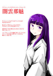 Rule 34 | 1girl, absurdres, blush, breasts, harusame kakigoori, highres, japanese clothes, kimono, long hair, long sleeves, looking at viewer, miko, purple eyes, purple hair, silent moebius, small breasts, smile, standing, upper body, white background, white kimono, wide sleeves, yamigumo nami