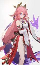 Rule 34 | 1girl, absurdres, animal ears, bare legs, bare shoulders, breasts, detached sleeves, earrings, feet out of frame, fox ears, fox shadow puppet, genshin impact, hair ornament, highres, japanese clothes, jewelry, lance (lancelliu), large breasts, long hair, long sleeves, looking at viewer, low-tied long hair, no panties, pelvic curtain, pink hair, purple eyes, sideboob, smile, solo, thighs, very long hair, wide sleeves, yae miko