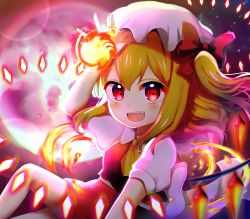 Rule 34 | 1girl, :d, absurdres, ascot, back bow, blonde hair, blurry, blurry foreground, blush, bow, breasts, chromatic aberration, commentary request, crystal, danmaku, depth of field, feet out of frame, fire, fireball, flandre scarlet, full moon, hair bow, hand up, hat, highres, huge filesize, lens flare, long hair, looking at viewer, mob cap, momo (momo o0524), moon, one side up, open mouth, puffy short sleeves, puffy sleeves, pyrokinesis, red bow, red eyes, red skirt, red vest, short sleeves, skirt, small breasts, smile, solo, teeth, touhou, upper teeth only, vest, white bow, white hat, wing collar, wings, yellow ascot