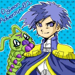 Rule 34 | 1boy, blue eyes, cape, dark persona, digimon, digimon kaiser, looking at viewer, wormmon