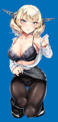 Rule 34 | 1girl, black bra, black panties, blonde hair, blue eyes, bra, braid, breasts, cleavage, closed mouth, clothes lift, collarbone, collared shirt, colorado (kancolle), commentary request, grey headwear, half-closed eyes, hassen (8cm), headgear, high heels, highleg, highleg panties, highres, kantai collection, lace, lace-trimmed bra, lace-trimmed panties, lace trim, large breasts, lifted by self, lips, looking at viewer, open clothes, open shirt, panties, panties under pantyhose, pantyhose, pencil skirt, removing shirt, shirt, short hair, side braids, skirt, skirt lift, smile, solo, string of flags, sweat, underwear, wavy mouth, white shirt