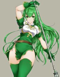 Rule 34 | 1girl, armor, ashita yaru, belt, belt buckle, breastplate, buckle, erinys (fire emblem), fire emblem, fire emblem: genealogy of the holy war, gloves, green eyes, green hair, holding, holding weapon, long hair, looking at viewer, nintendo, shoulder armor, simple background, solo, thighhighs, thighs, weapon