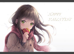 Rule 34 | 1girl, absurdres, blush, box, brown coat, brown hair, coat, covered mouth, gift, green eyes, happy valentine, heart-shaped box, highres, holding, holding gift, letterboxed, long hair, long sleeves, looking at viewer, original, plaid, plaid scarf, red scarf, remia (sakufuwananon), scarf, simple background, snowing, solo, upper body, valentine, white background