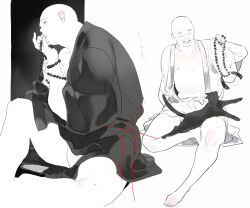 Rule 34 | 1boy, bara, bare pectorals, bead necklace, beads, belly, closed eyes, cropped legs, greyscale, japanese clothes, jewelry, kimono, male focus, monochrome, mudani narimasu, multiple views, necklace, nipples, original, pectorals, praying, priest, smile, spread legs, thighs, translation request