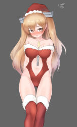 Rule 34 | 1girl, absurdres, arms behind back, breasts, brown eyes, cleavage, clothing cutout, cowboy shot, dated, fur-trimmed legwear, fur-trimmed leotard, fur trim, grey background, hat, headgear, highres, johnston (kancolle), kantai collection, large breasts, light brown hair, long hair, looking at viewer, maru (marg0613), navel cutout, red eyes, red hat, red thighhighs, santa hat, simple background, solo, thighhighs, torpedo, twitter username, two side up