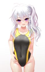 Rule 34 | 1girl, 9-nine-, absurdres, black one-piece swimsuit, braid, breasts, commentary request, competition swimsuit, covered navel, cowboy shot, highres, long hair, looking at viewer, multicolored clothes, multicolored swimsuit, ncontrail (mgax7527), niimi sora, one-piece swimsuit, silver hair, simple background, single braid, small breasts, solo, swimsuit, white background
