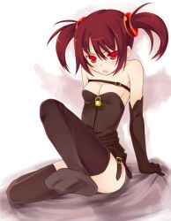 Rule 34 | 1girl, annoyed, arm support, bare shoulders, bed sheet, belt, black thighhighs, blush, breasts, brown hair, buckle, cleavage, convenient leg, elbow gloves, feet, frown, gloves, kurasuke, lock, open mouth, original, padlock, red eyes, sheet grab, small breasts, solo, thighhighs, twintails