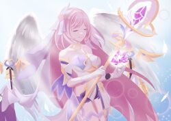 Rule 34 | 1girl, angel wings, bare shoulders, bell, black shorts, blue background, breasts, bridal garter, cleavage, closed eyes, clothing cutout, crystal flower, detached sleeves, elbow gloves, elysia (herrscher of human: ego) (honkai impact), elysia (honkai impact), falling feathers, feathers, gloves, hair between eyes, holding, holding staff, honkai (series), honkai impact 3rd, jufalin, large breasts, long hair, pink hair, shirt, short shorts, short sleeves, shorts, side cutout, smile, solo, staff, thighs, very long hair, white gloves, white shirt, wings