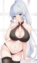 Rule 34 | 1girl, :o, absurdres, arm support, ayaka (genshin impact), bare shoulders, bikini, black bikini, black thighhighs, blue eyes, blunt bangs, breasts, cleavage, collarbone, finger to mouth, genshin impact, groin, hair tie, hand up, high ponytail, highres, large breasts, leaning to the side, long hair, looking at viewer, navel, parted lips, ponytail, ronnie z, sidelocks, solo, stomach, swimsuit, thighhighs, thighs, very long hair, white hair