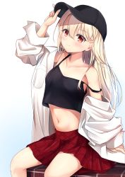 Rule 34 | 1girl, arm up, baseball cap, black hat, black tank top, blonde hair, blush, breasts, closed mouth, collarbone, crop top, fate/kaleid liner prisma illya, fate (series), hair between eyes, hat, highres, illyasviel von einzbern, lab coat, long hair, midriff, miniskirt, miso (misomiso 154), navel, off shoulder, plaid, plaid skirt, pleated skirt, red eyes, red skirt, simple background, sitting, skirt, small breasts, smile, solo, stomach, tank top, very long hair, white background