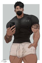 Rule 34 | 1boy, arm tattoo, artist name, bara, biceps, black eyes, black hair, bulge, cellphone, covered erect nipples, erection, erection under clothes, highres, large pectorals, large penis, looking at viewer, male focus, manly, mask, mature male, mouth mask, muscular, muscular male, neck tattoo, nipples, original, pectorals, penis, phone, selfie, shirt, short hair, shorts, signature, simple background, solo, t-shirt, tan, tattoo, tenji (tenji 89), thick arms, thick eyebrows, thick thighs, thighs, veins, white background
