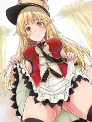 Rule 34 | 1girl, bang dream!, black thighhighs, blonde hair, blurry, blurry background, blush, breasts, check commentary, clothes lift, commentary request, cowboy shot, curtains, dutch angle, epaulettes, frilled skirt, frills, from below, gluteal fold, hat, highres, indoors, lifting own clothes, long hair, looking at viewer, marching band, medium breasts, sash, shako cap, skirt, skirt lift, sleeveless, solo, suisen toire (moko924), sweat, thighhighs, tsurumaki kokoro, white skirt, window, wrist cuffs, yellow eyes