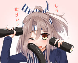 Rule 34 | 1girl, ;o, brown eyes, commentary request, double handjob, ehoumaki, employee uniform, food, hachimaki, handjob, headband, holding, kantai collection, koda (kodadada), lawson, long hair, looking at viewer, makizushi, one eye closed, open mouth, ponytail, sexually suggestive, shirt, silver hair, simple background, solo, striped clothes, striped shirt, sushi, tears, translation request, uniform, vertical-striped clothes, vertical-striped shirt, zuihou (kancolle)