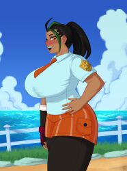 Rule 34 | 1girl, armorv1, blush, breasts, creatures (company), female focus, game freak, grass, highres, huge breasts, looking at viewer, nemona (pokemon), nintendo, ocean, outdoors, pokemon, pokemon sv, ponytail, school uniform, solo, standing, thick thighs, thighs