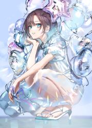 Rule 34 | 1girl, asakura toru, balloon, bare arms, blue background, blue eyes, blue footwear, blue hair, brown hair, commentary request, dress, ear piercing, feet, full body, gawako, hand on own chin, high heels, highres, idolmaster, idolmaster shiny colors, looking at viewer, multicolored hair, parted lips, piercing, puffy short sleeves, puffy sleeves, see-through, see-through skirt, short sleeves, skirt, smile, solo, squatting, toes, two-tone hair, white dress