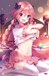 Rule 34 | 1boy, :d, astolfo (fate), astolfo (sailor paladin) (fate), bed frame, black bow, blush, bow, braid, clothes lift, commentary request, fang, fate/grand order, fate (series), hair between eyes, hair bow, hair ribbon, highres, long hair, looking at viewer, male focus, navel, no socks, official alternate costume, on bed, open mouth, petals, pink hair, pink sailor collar, pink skirt, purple eyes, purple thighhighs, ribbon, sailor collar, school uniform, serafuku, shirt, shirt lift, short sleeves, single braid, sitting, skirt, smile, solo, squchan, thighhighs, trap, tress ribbon, undressing, very long hair, white shirt