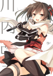 Rule 34 | 10s, 1girl, :d, arm guards, armlet, armpits, bare shoulders, black gloves, black hair, black neckerchief, black skirt, black socks, blush, brown eyes, brown hair, character name, convenient censoring, convenient leg, crossed arms, elbow gloves, fingerless gloves, flat chest, frills, gloves, hair ornament, holding, holding weapon, kantai collection, kneehighs, kuji-in, looking at viewer, miniskirt, neckerchief, ninja, one-hour drawing challenge, open mouth, pleated skirt, sash, scarf, sendai (kancolle), sendai kai ni (kancolle), short hair, signature, simple background, single kneehigh, single sock, single thighhigh, sketch, skirt, smile, socks, solo, thighhighs, thighlet, toosaka asagi, torpedo, translation request, two side up, weapon, white background