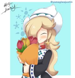 Rule 34 | 1girl, absurdres, blonde hair, blush, closed eyes, closed mouth, dutch clothes, earrings, flower, hair over one eye, highres, holding, holding flower, jewelry, long hair, long sleeves, mario (series), mario kart, mario kart tour, nintendo, official alternate costume, rosalina, signature, smile, solo, star (symbol), star earrings, twitter username, white headwear, yamagiwajustin