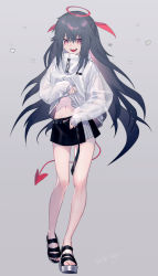 Rule 34 | 1girl, :d, bare legs, belt, black skirt, clothes lift, demon tail, drawstring, full body, grey background, grey hair, grey hoodie, haizome senri, halo, highres, hood, hood down, hoodie, hoodie lift, long hair, long sleeves, looking at viewer, midriff peek, miniskirt, navel, open mouth, original, red eyes, signature, simple background, skirt, slippers, smile, solo, stomach, tail, thighs, very long hair