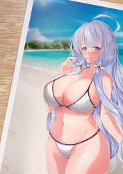 Rule 34 | 1girl, absurdres, ahoge, alternate costume, azur lane, beach, bikini, blue eyes, blush, breasts, cela f, cleavage, curvy, day, grey hair, hair ornament, highres, huge breasts, illustrious (azur lane), long hair, looking at viewer, mole, mole under eye, outdoors, smile, solo, standing, summer, swimsuit, thick thighs, thighs, very long hair, water, white bikini, white hair