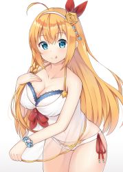 Rule 34 | 1girl, :q, ahoge, bad id, bad pixiv id, bare shoulders, bikini, bikini under clothes, blue eyes, blush, braid, breasts, brown hair, cleavage, closed mouth, commentary request, fingernails, flower, hair between eyes, hair flower, hair ornament, hair ribbon, hairband, hand on own chest, hand up, highres, large breasts, leaning forward, long hair, looking at viewer, navel, pecorine (princess connect!), pecorine (summer) (princess connect!), princess connect!, red ribbon, ribbon, rose, see-through, seventeen (st17215), smile, solo, split mouth, swimsuit, tongue, tongue out, very long hair, white bikini, white hairband, yellow flower, yellow rose