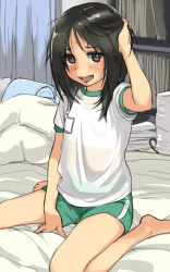 Rule 34 | 1girl, barefoot, bed, black hair, bra visible through clothes, brown eyes, child, flat chest, gym uniform, hand on own head, kikurage (crayon arts), long hair, lossy-lossless, open mouth, original, see-through, shirt, shorts, sitting, smile, solo