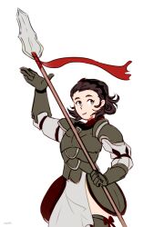 Rule 34 | 1girl, armor, brown hair, fire emblem, fire emblem fates, grey eyes, hair slicked back, holding, holding polearm, holding weapon, lance, looking to the side, medium hair, nintendo, polearm, septhi-draw, solo, sophie (fire emblem), upper body, weapon