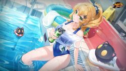 Rule 34 | 1girl, artist request, blonde hair, bodyboard, bottle, breasts, dutch angle, green eyes, hair ornament, hairclip, high ponytail, highres, logo, mahjong, mahjong soul, mahjong tile, medium breasts, official art, official wallpaper, partially submerged, pool, sandals, scrunchie, shiraishi nana, sitting, solo, swimsuit, towel, water bottle, wet floor sign