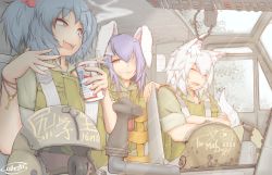 Rule 34 | 3girls, aircraft, alcohol, animal ears, beer, beer can, between fingers, blue eyes, blue hair, blush, budweiser, bulletproof vest, can, cigarette, clothes writing, crossed arms, cube85, drink can, drooling, english text, eyepatch, fang, hair bobbles, hair ornament, helicopter, helmet, highres, holding, inubashiri momiji, kawashiro nitori, key, military, military uniform, military vehicle, multiple girls, open mouth, purple hair, red eyes, reisen udongein inaba, short hair, signature, silver hair, sleeping, smoke, sunlight, tail, touhou, uh-1 iroquois, uniform, unworn headwear, unworn helmet, vehicle