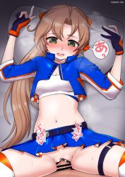 Rule 34 | 1girl, akigumo (kancolle), bandeau, bar censor, blue jacket, blue skirt, blush, breasts, brown hair, censored, clothed sex, cum, cum in pussy, cypress, gloves, green eyes, groin, hetero, jacket, kantai collection, long hair, long sleeves, navel, open clothes, open jacket, open mouth, partially fingerless gloves, penis, pillow, pleated skirt, ponytail, pussy, race queen, sex, skirt, small breasts, solo focus, twitter username, white bandeau