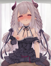 Rule 34 | 1boy, 1girl, black dress, black gloves, black pantyhose, blush, braid, breasts, closed mouth, clothed female nude male, cowgirl position, curtains, dress, gloves, grey hair, hetero, highres, horns, indoors, large areolae, licking lips, long hair, medium breasts, naraka (nijisanji), nijisanji, nipples, nude, one breast out, pantyhose, pointy ears, pulling own clothes, red eyes, straddling, tongue, tongue out, virtual youtuber, wavy hair, yukamikayu