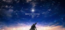 Rule 34 | 1boy, btmr game, cloud, copyright name, from behind, male focus, monster hunter (series), monster hunter: world, night, night sky, outdoors, over shoulder, scenery, sky, solo, sparkle, star (sky), starry sky, sword, weapon, weapon over shoulder