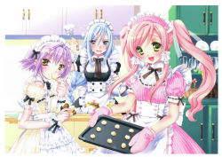 Rule 34 | 3girls, :d, absurdres, baking, baking sheet, blue eyes, blue hair, cookie, cooking, cream, cream on face, eating, egg, food, food on face, gloves, green eyes, highres, indoors, kamiya maneki, kitchen, maid, maid headdress, multiple girls, open mouth, oven mitts, pink gloves, pink hair, pinstripe pattern, puffy short sleeves, puffy sleeves, purple hair, short sleeves, smile, tray, whisk, yellow eyes