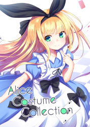 Rule 34 | 1girl, apron, baram, black bow, black ribbon, blonde hair, blue dress, bow, card, character name, closed mouth, collared dress, commentary request, cover, cover page, diamond (shape), dress, frilled apron, frills, green eyes, hair ribbon, highres, long hair, looking at viewer, mononobe alice, mononobe alice (1st costume), nijisanji, playing card, puffy short sleeves, puffy sleeves, ribbon, short sleeves, smile, solo, spade (shape), very long hair, virtual youtuber, white apron