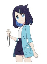Rule 34 | 1girl, black hair, black shorts, blue eyes, blue hair, closed mouth, commentary request, cowboy shot, creatures (company), eyelashes, game freak, green jacket, hair ornament, hairclip, highres, holding, ia (ilwmael9), jacket, liko (pokemon), multicolored hair, nintendo, open clothes, open jacket, pokemon, pokemon (anime), pokemon horizons, pokemon horizons, shirt, shorts, simple background, sleeves past elbows, solo, split mouth, two-tone hair, white background, white shirt