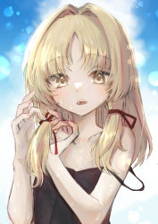 Rule 34 | 1girl, absurdres, bare shoulders, blonde hair, collarbone, commentary, commentary request, dress, hair ribbon, highres, looking at viewer, moriya suwako, open mouth, outdoors, parted bangs, ribbon, short hair, sky, solo, strap slip, sundress, sunlight, sweat, tadano1129, touhou, tying hair, upper body, yellow eyes