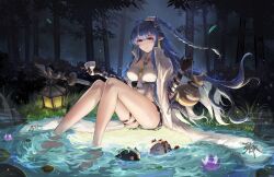 Rule 34 | 1girl, absurdres, arknights, barefoot, black shorts, blue hair, braid, breasts, coat, earrings, flower, forest, gourd, highres, horns, jewelry, lantern, large breasts, ling (arknights), long hair, lotus, nature, night, pointy ears, pond, purple eyes, shorts, sitting, staff, white coat, xary