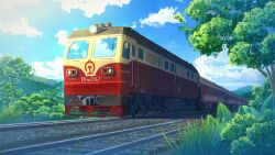 Rule 34 | blue sky, bush, chinese commentary, commentary request, day, grass, no humans, original, outdoors, ptsd0818, railroad tracks, scenery, sky, train, tree, vehicle focus