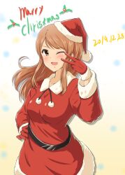 Rule 34 | 1girl, belt, black belt, blush, brown eyes, brown hair, christmas, commentary, cowboy shot, dated, diesel-turbo, dress, english text, fur-trimmed dress, fur-trimmed gloves, fur trim, gloves, highres, hojo karen, idolmaster, idolmaster cinderella girls, long hair, looking at viewer, merry christmas, one eye closed, open mouth, red gloves, red headwear, santa dress, santa gloves, smile, solo, standing, swept bangs, tilted headwear, v